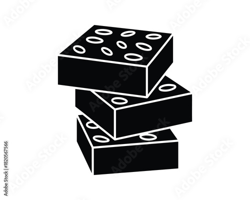 Solid black icon of three stacked rectangular blocks. Textured building bricks with holes on top.
