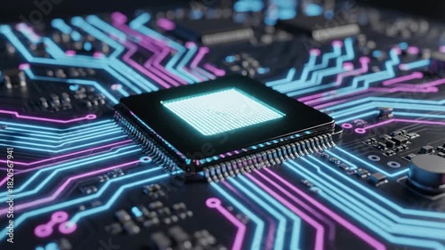 Computer chip with glowing blue center, pink/blue lines representing circuits and other electronic components