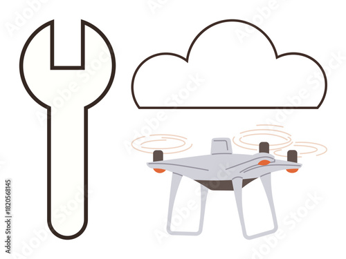 quadcopter hovering with wrench and cloud outlines representing maintenance, tech innovation, data management, service optimization, automation, remote operation, and system upgrades in simple flat
