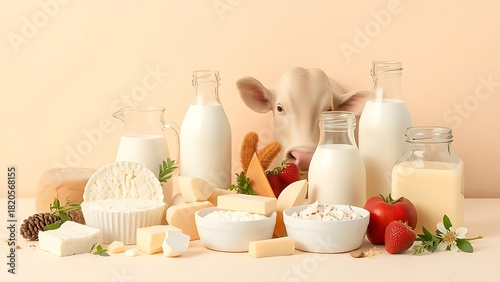 casein. Fresh dairy products neatly arranged under soft lighting with a clean pastel background. menu design, packaging mockups, designed for food delivery and cloud-kitchen brand materials.
