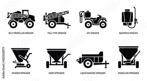 Sprayer and spreader icons, self-propelled, pull-type, ATV, backpack, spinner, drop, liquid manure, pendulum.