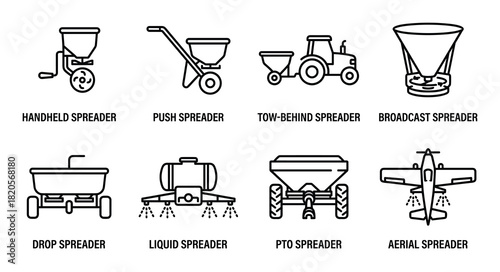 Spreader icons set, various types of agricultural and garden spreaders, outline symbols for farming.