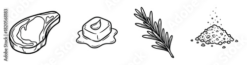 Steak dinner ingredients set. Steak, garlic butter, rosemary, and sea salt hand drawn sketch.