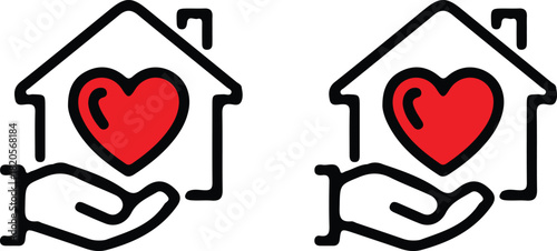 hand holding house line icons red heart icon set vector design logo art