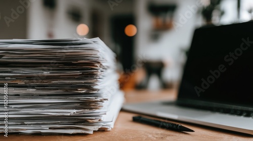 Stack of documents and laptop on a wooden desk.