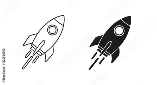 Launching rocket icon set, outline and solid spaceship symbols