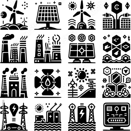 Renewable energy infrastructure icon set with wind solar hydrogen and grid components for clean technology visualization
