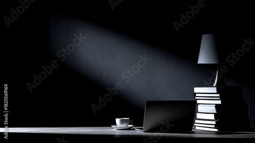Desk with lamp, books, laptop, and coffee illuminated by dramatic light.