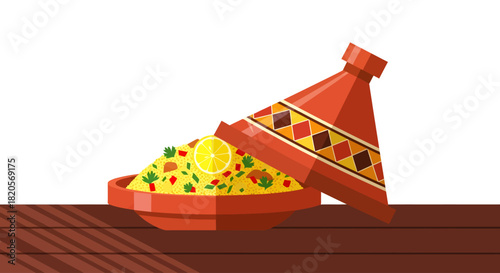 Steam rises from a terracotta Moroccan tajine on a wooden table, its patterned conical lid tilted to reveal a savory mound of couscous garnished with fresh herbs and a bright lemon slice
