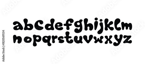 Whimsical bubble alphabet. Soft rounded lowercase letters. Playful font for children's designs. Fun typography.