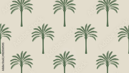 Repeating Pattern of Green Palm Trees on Beige Background