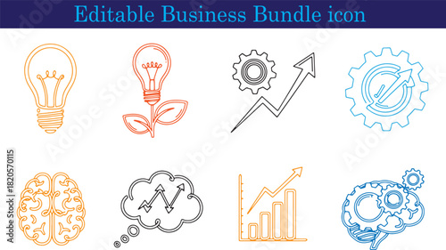 Business growth and innovation vector icons with lightbulbs brain charts and gears illustrating idea generation and business strategy for business development and success