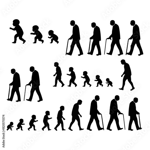 Silhouettes of human life stages from baby to elderly man