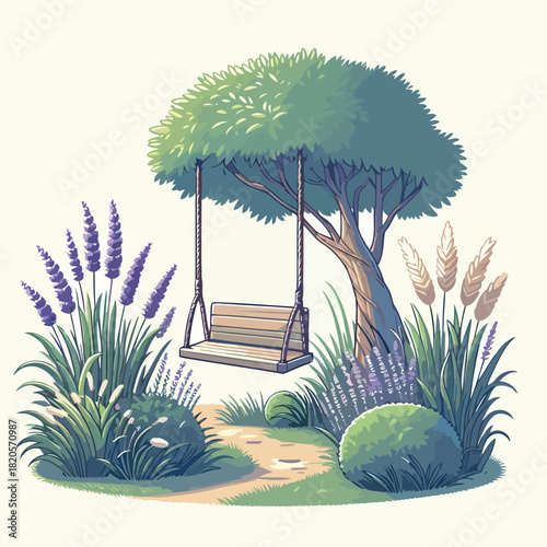 Whimsical Garden with Lavender and Tree Swing