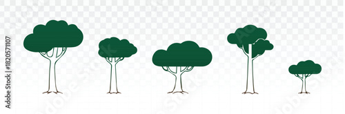 Set of five stylized deciduous trees with full green foliage and slender trunks, ideal for nature themes, forest scenes, ecology projects, landscaping designs, environmental graphics, and outdoor
