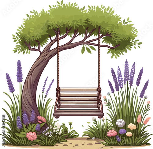 Whimsical Tree Swing in a Blooming Lavender Garden