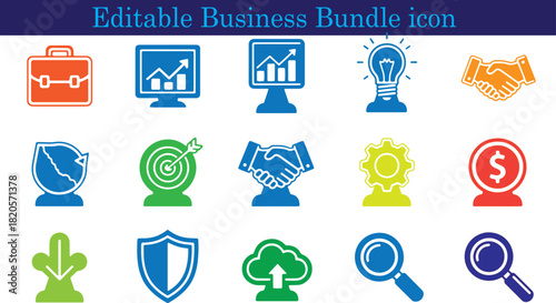 Comprehensive Business Icon Set Featuring Growth Analytics Security and Investment Opportunities for Success and Partnership Editable Vector Graphics