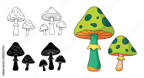 Mushroom illustration set of cartoon mushrooms and outline mushrooms