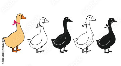 Goose vector illustration set cute geese with bows clip art image
