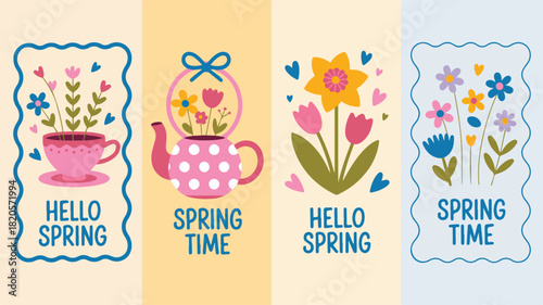 Spring Themed Illustrations With Flowers And Teacups