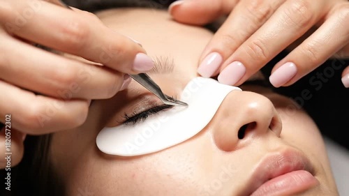 Female esthetician’s hands performing an eyelash lifting treatment on a woman, 4k video