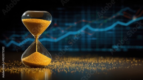 Hourglass flows sand on financial chart background representing time management.