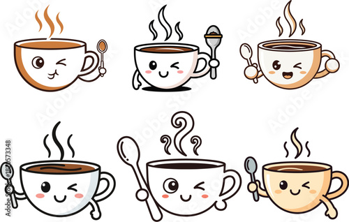 Steaming coffee cup mascot logo winking with spoon in minimalist 2D flat vector design