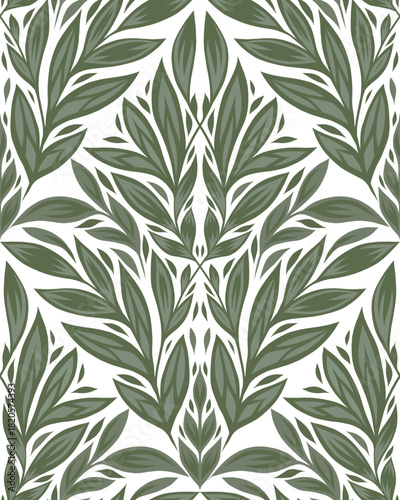 Vector nature seamless leaf ornament on white background. Elegant tracery texture with stylized foliage