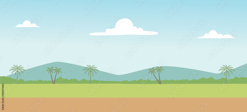 Obraz premium Cartoon Farm Landscape With Mountains Palm Trees and Clear Sky Illustration