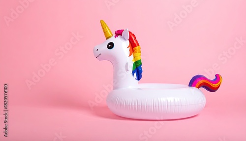 Unicorn pool float, rainbow mane, pink background