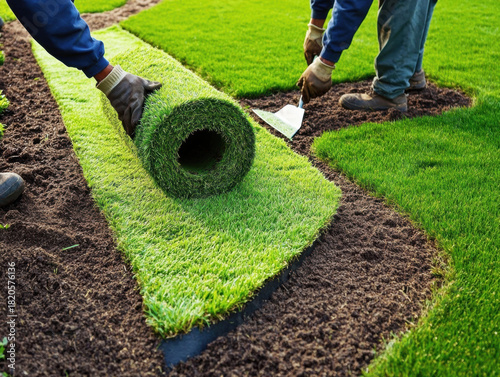 Two landscapers work together to install fresh sod in a residential garden. The sunlight enhances the vibrant green grass as they carefully position each roll along a prepared area.