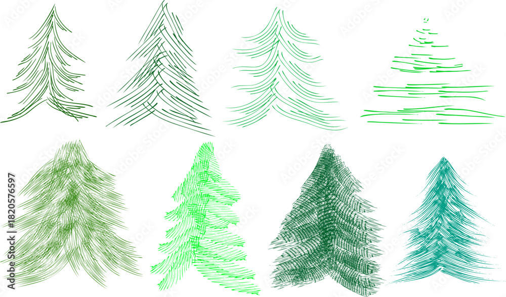 Obraz premium Vector set of 8 grunge Christmas trees with hatching