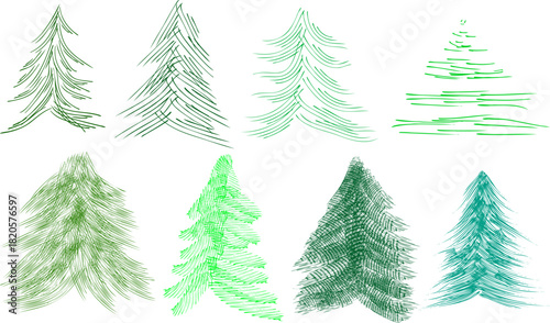Vector set of 8 grunge Christmas trees with hatching
