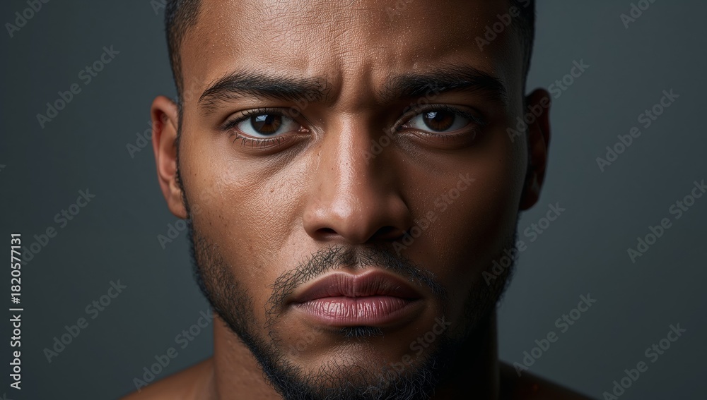 Obraz premium Focused Portrait of a Young Man with Intense Gaze and Textured Skin Detail.