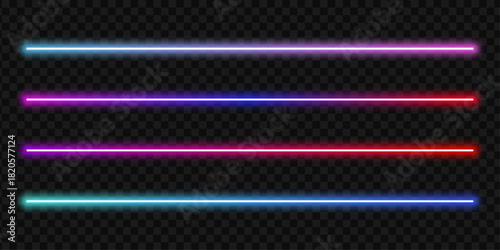 Set of horizontal neon glowing lines used for borders or dividers illustration. Laser effect gradient light streaks collection abstract design element. Vivid illumination vector graphic.