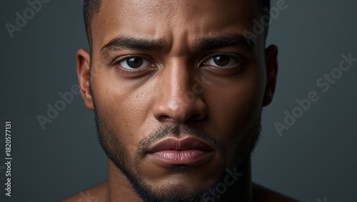 Focused Portrait of a Young Man with Intense Gaze and Textured Skin Detail.