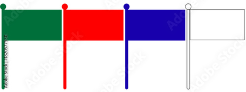 Four flags, side-by-side, are displayed on a white background. The flags are of different colors: green, red, blue, and white.

