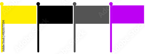 Four flags of different colors, yellow, black, grey, and purple, stand side-by-side. The flags are likely representative icons