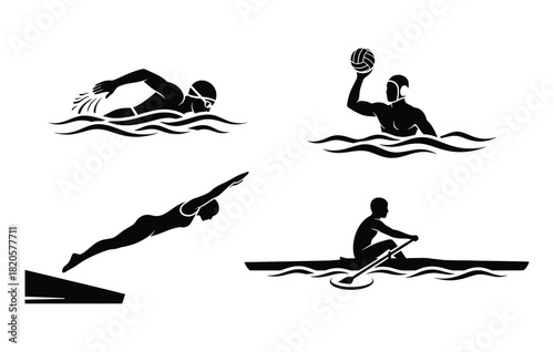 Stylized vector illustrations showing various water sports swimming water polo diving canoeing simple isolated black and white design