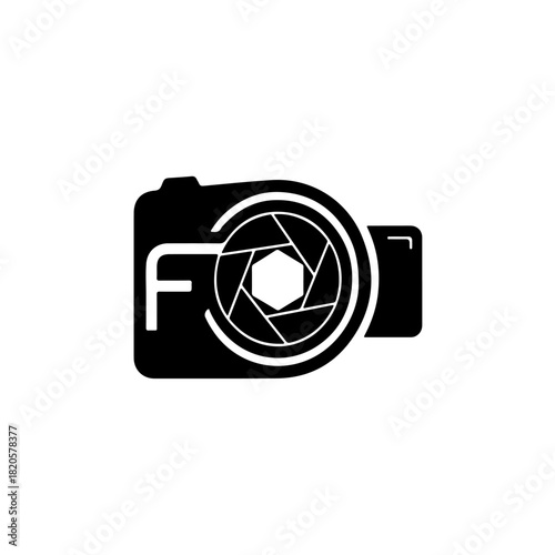 Camera icon with aperture and letter f isolated on transparent background