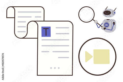 Digital documents, a magnifying glass, a robot labeled IA, and a video icon highlight AI-driven data analysis. Ideal for research, automation, education, tech, innovation data mining simple flat