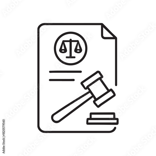 Legal Document with Gavel and Scales of Justice in Black Line
