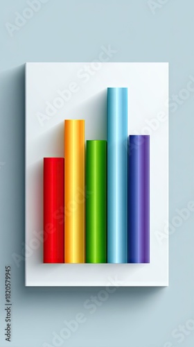 A clean, modern bar chart with bars in rainbow colors (red, orange, yellow, green, blue, purple) is displayed on a white surface against a light blue background