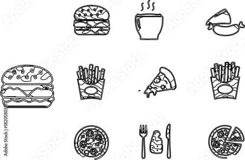 described features a collection of food icons, illustrated in a simple black outline style against a clean white background. Here’s a breakdown of the elements: