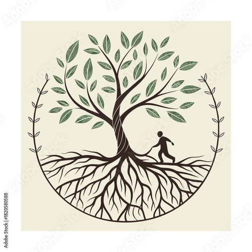Stylized Tree of Life with Human Silhouette and Roots in Circle Keywords: tree of life, roots, branches, leaves, human silhouette, walking, circle