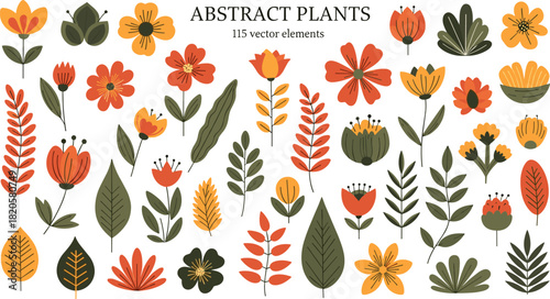 Abstract plant elements, modern floral vector, decorative leaf shapes, minimal botanical graphics, warm color palette, nature design assets, creative illustration bundle