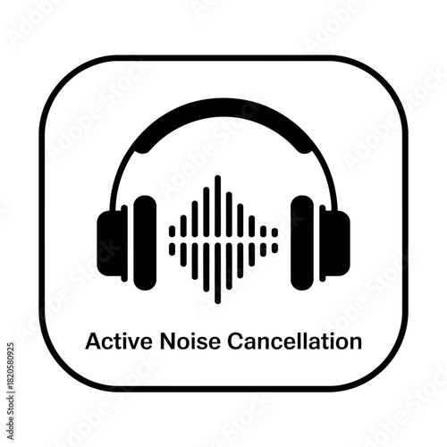 Icon representing active noise cancellation technology with sound waves and headphones.