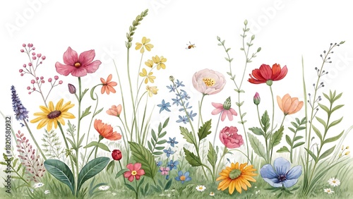Fototapeta Naklejka Na Ścianę i Meble -  Watercolor wild flower border, vibrant blossoms and green meadow
