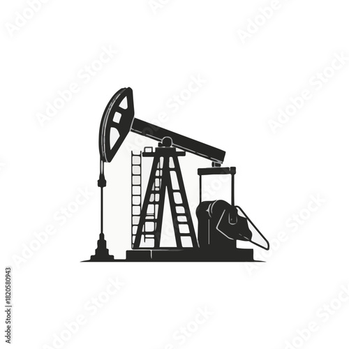 Black and white illustration of an oil pump jack, showing the machinery and structure used for extracting crude oil from the ground.