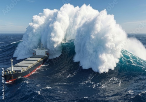 Powerful ocean waves crash and break on a transport ship, wave coast creating white foam and splash